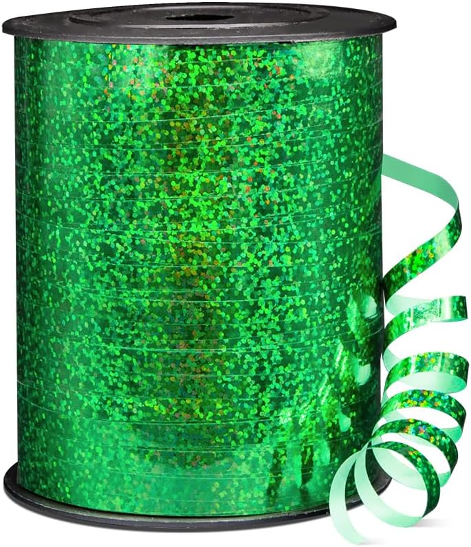 Isaspire 500 Yards Shiny Metallic Green Curling Ribbon with Spool, 1/5" Holographic Curly Ribbons Perfect for Gift Wrapping, Florist Flowers, Birthday Party Decorations, Balloon String - Image 1